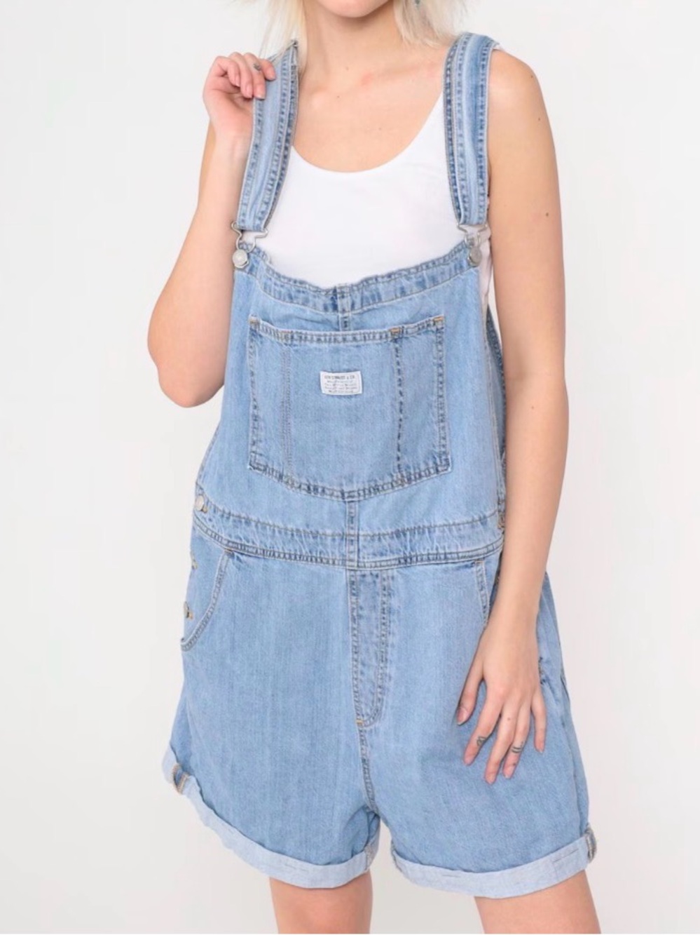 Levi’s Premium Vintage Shortall Denim Overalls Light Wash Shorts Size XL - Picture 1 of 9